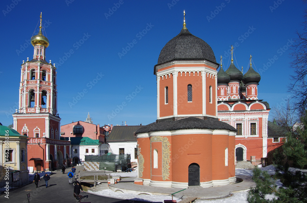 Moscow, Russia - March, 2021: Vysokopetrovsky Monastery or High Monastery of St Peter is a Russian Orthodox monastery in the Bely Gorod area of Moscow