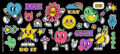 Retro cartoon stickers with funny comic characters and gloved hands. Contemporary abstract shape, banana, star and mushroom badge vector set