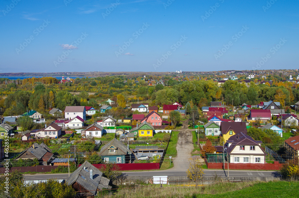 Pereyaslavl-Zalessky, Yaroslavl Oblast, Russia - October, 2021: Top view on the ancient town of Pereslavl-Zalessky on the Bank of Plescheevo lake in sunny autumn day Pereyaslavl-Zalessky, Yaroslavl Oblast, Russia - October, 2021: Top view on the ancient town of Pereslavl-Zalessky on the Bank of Plescheevo lake in sunny autumn day