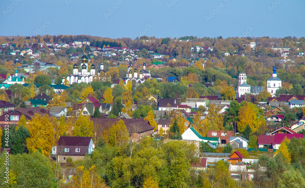 Pereyaslavl-Zalessky, Yaroslavl Oblast, Russia - October, 2021: Top view on the ancient town of Pereslavl-Zalessky on the Bank of Plescheevo lake in sunny autumn day