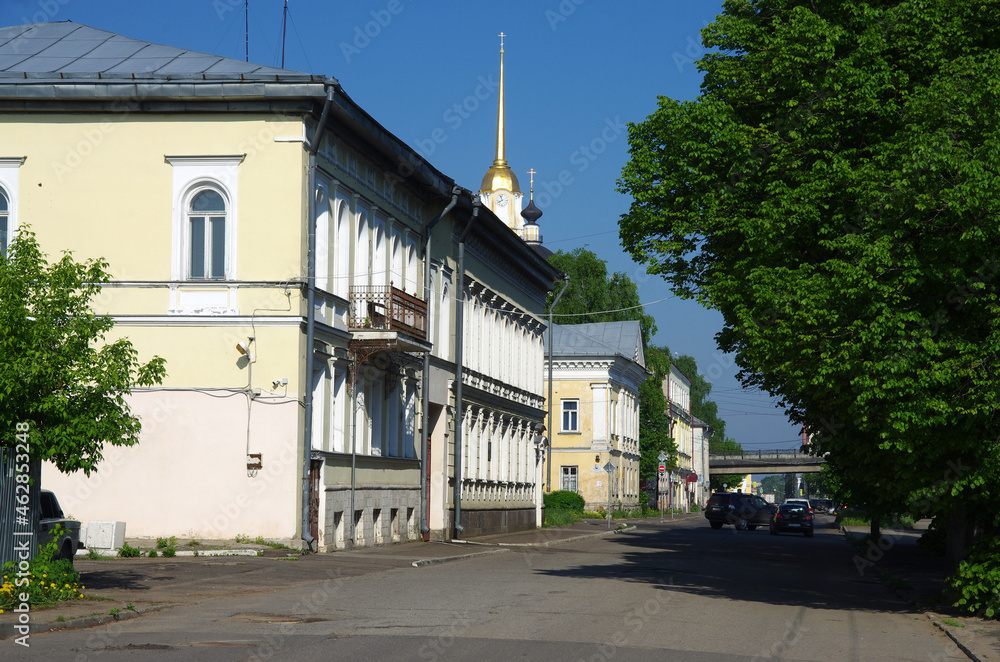 Rybinsk, Russia - May, 2021: View of the street of the city. Volzhsko-Kamsky Bank, Volzhskaya embankment, 47/49. House where artist Boris Grigoriev lived