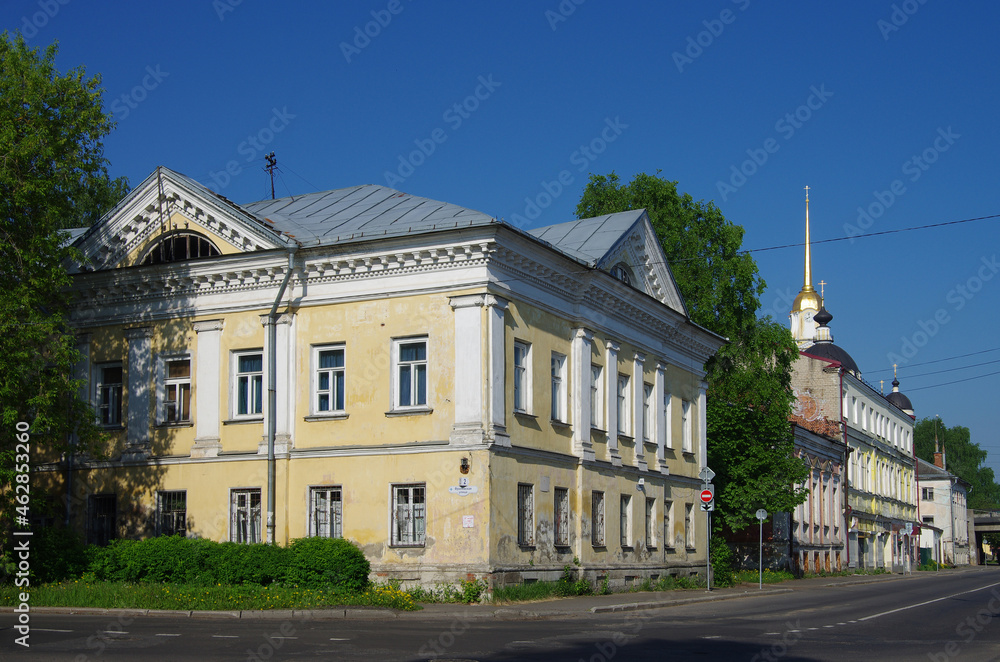 Rybinsk, Russia - May, 2021: View of the street of the city. Old hous on Volzhskaya street