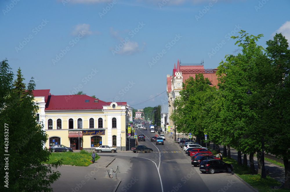 Rybinsk, Russia - May, 2021: View of the street of the city. Old hous on Volzhskaya street Rybinsk, Russia - May, 2021: View of the street of the city. Old hous on Volzhskaya street