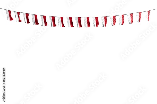 cute many Indonesia flags or banners hangs on string isolated on white - any feast flag 3d illustration..