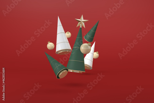 Christmas decorations floating Christmas trees and balls. 3d render photo