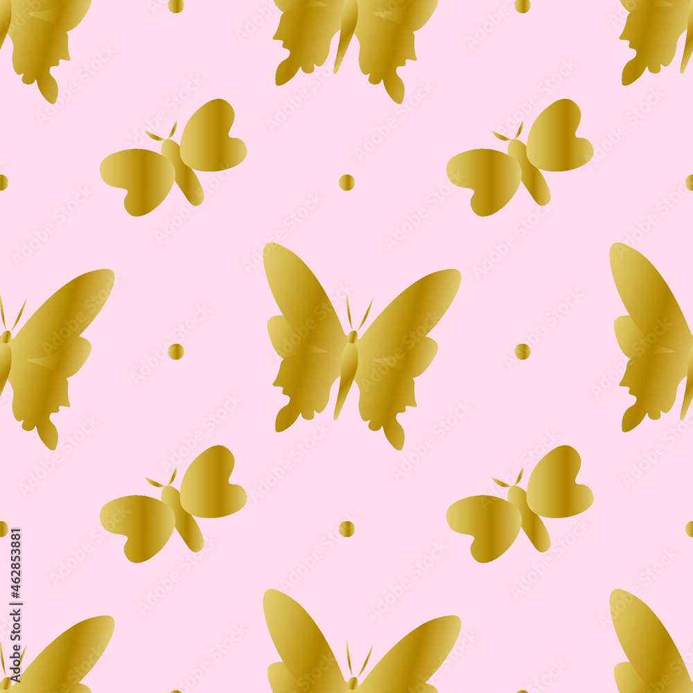 Seamless vector pattern with golden butterflies on a soft pink ...