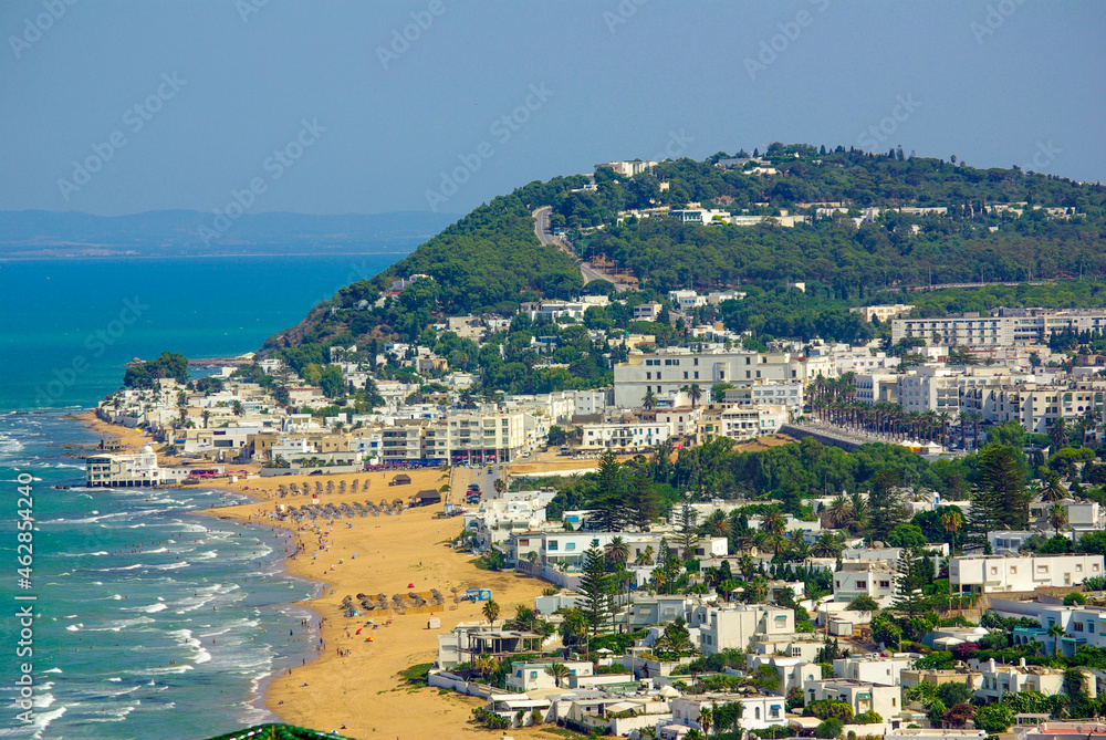 Tunisia, Africa - August, 2012: View on the Birsa hill, Marsa Beach and the city of Tunis