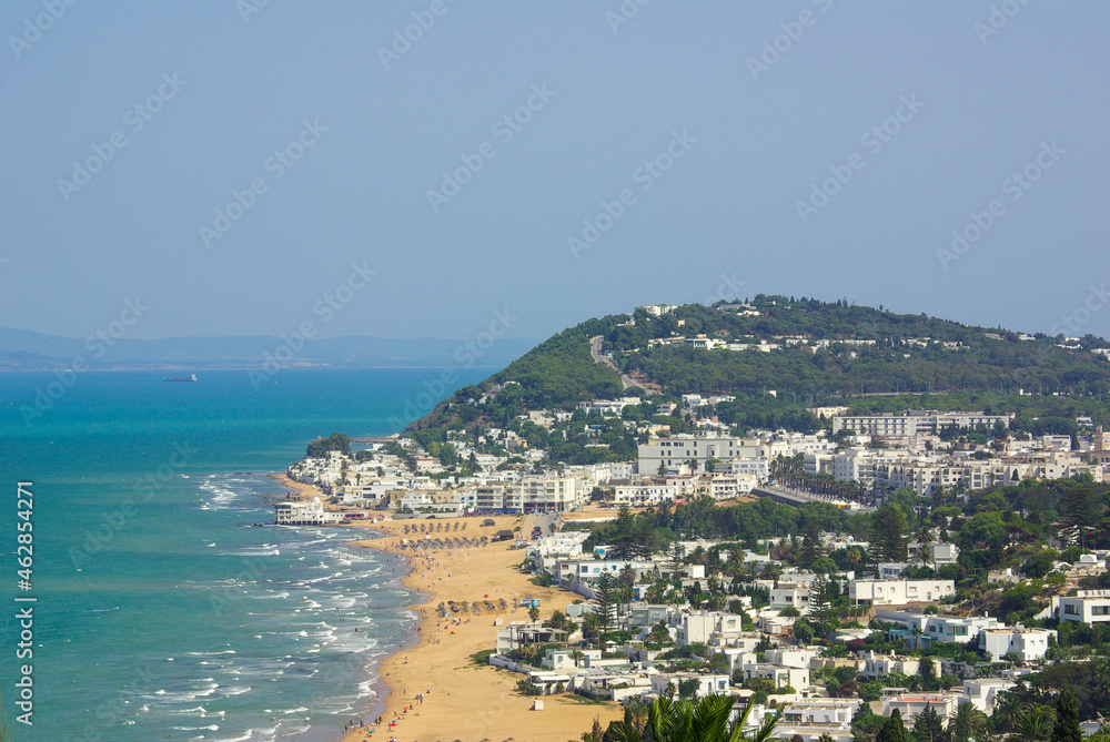 Tunisia, Africa - August, 2012: View on the Birsa hill, Marsa Beach and the city of Tunis