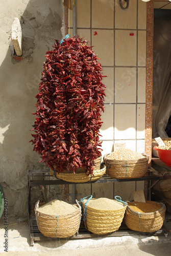 Monastir, Tunisia, Africa - August, 2012: Market stalls with spices and nuts in baskets in the medina of Monastir