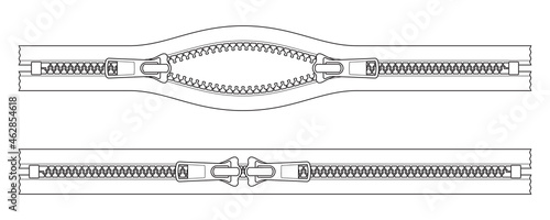 Vector black line open two-way zipper. Isolated on white background