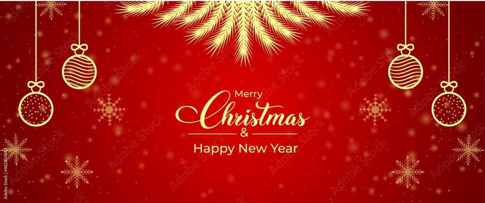 Naklejka premium Christmas social media banner with balls and pine branches. Christmas red and golden banner element. Christmas social media banner with golden elements on a red background. Xmas card, Xmas banner.