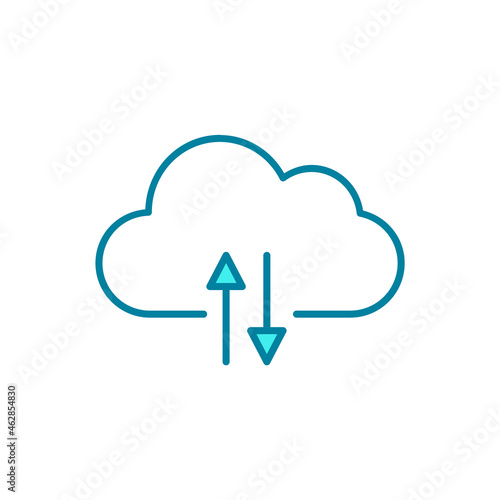 Download or upload file on cloud. Cloud computing with two arrows. Cloud synchronization icon. Computer file transfer. Backup documents. Electronic data sharing. Vector illustration, flat, clip art.