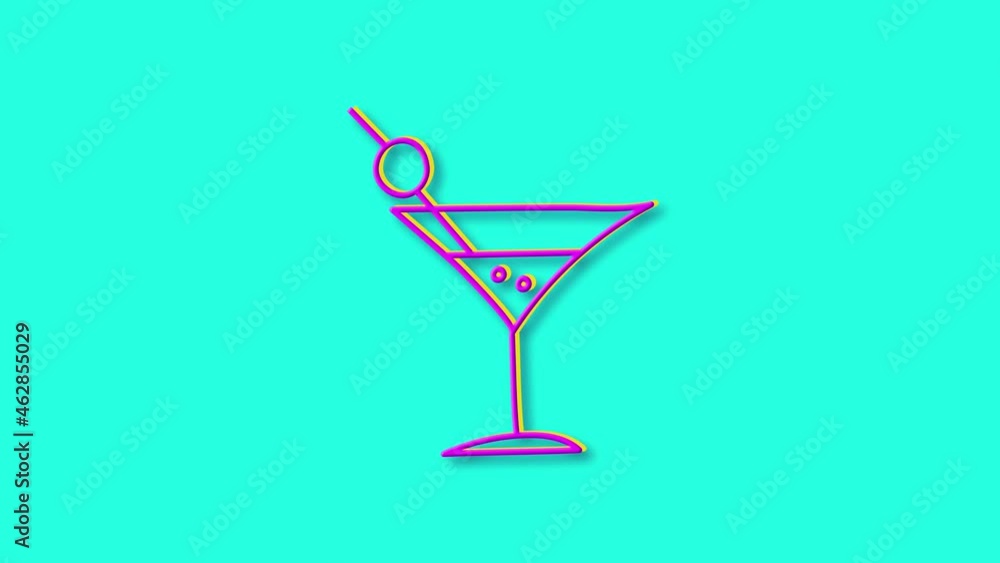 Bright hand-drawn symbol of festive alcoholic beverage. Outline icon. Hand draw funny sketch. Blue background. High quality 4k video.