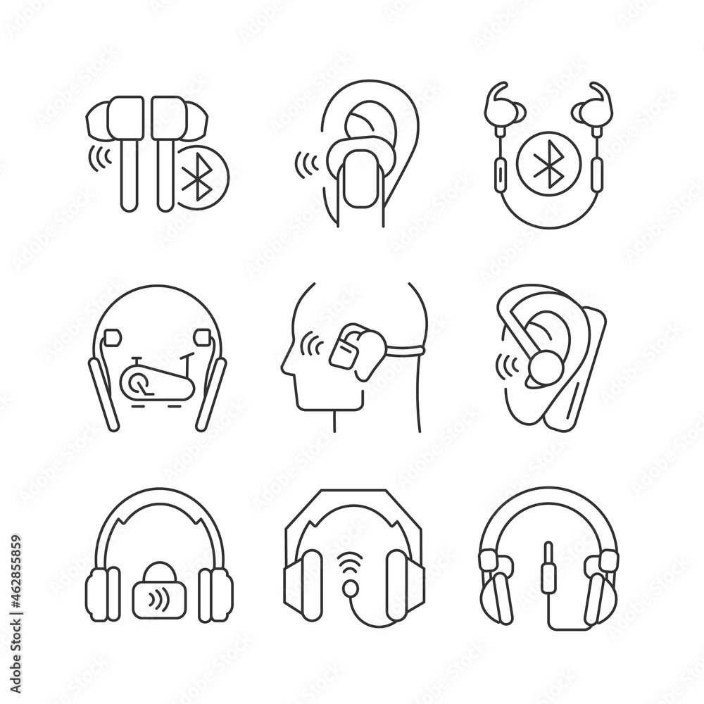 Earphones linear icons set. Professional headphones for music mastering