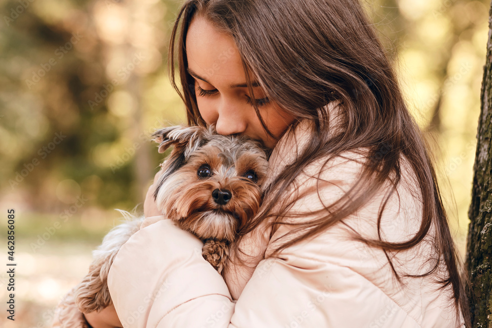 Girl hugs a little Yorkie dog on an autumn background Girl hugs a little Yorkie dog on an autumn background