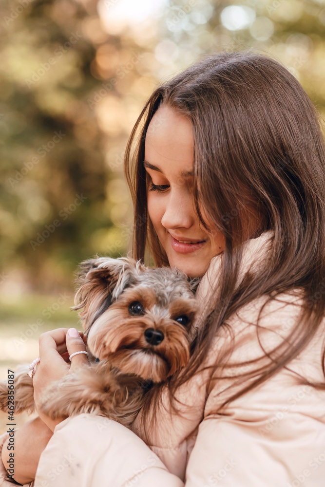 Dog York and Girl. Little Girl Child Hugs Dog in Autumn Park Background. Dog York and Girl. Little Girl Child Hugs Dog in Autumn Park Background.