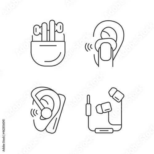 Compact in ear earphones linear icons set. Small earpieces for listening music and for calls. Customizable thin line contour symbols. Isolated vector outline illustrations. Editable stroke