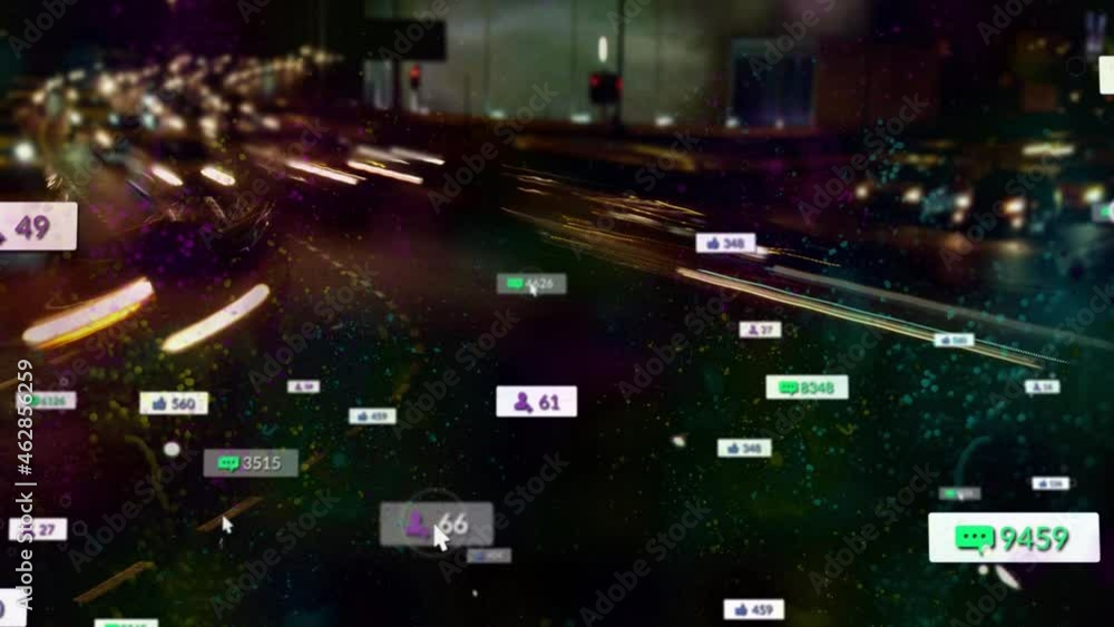 Animation of social media icons and numbers over cityscape on screen with glitch lines Animation of social media icons and numbers over cityscape on screen with glitch lines