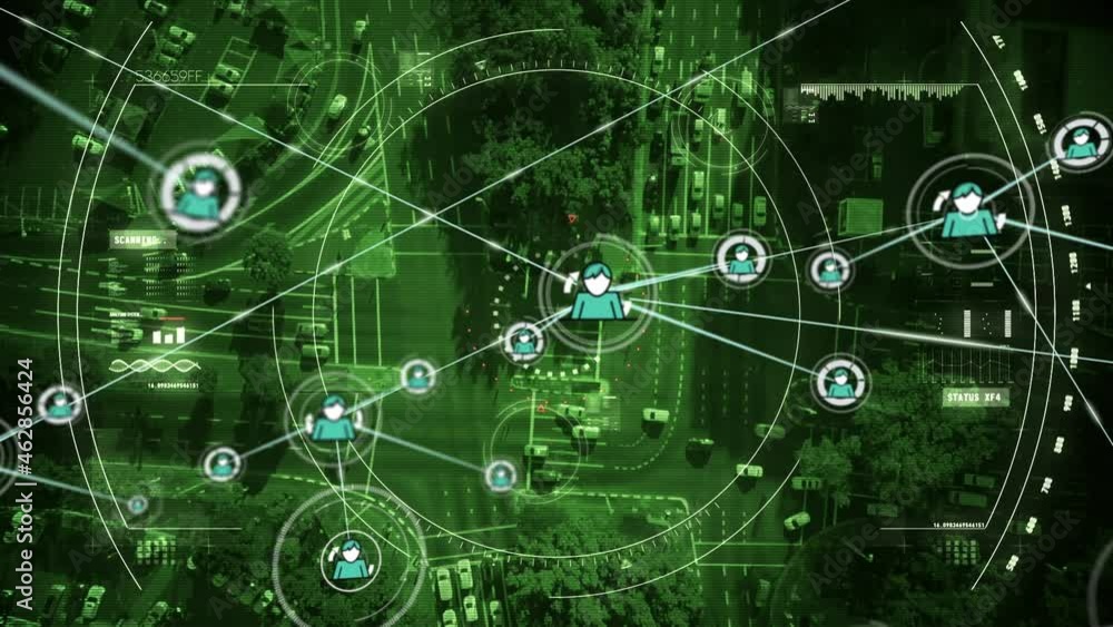Animation of network of connections with icons over cityscape Animation of network of connections with icons over cityscape