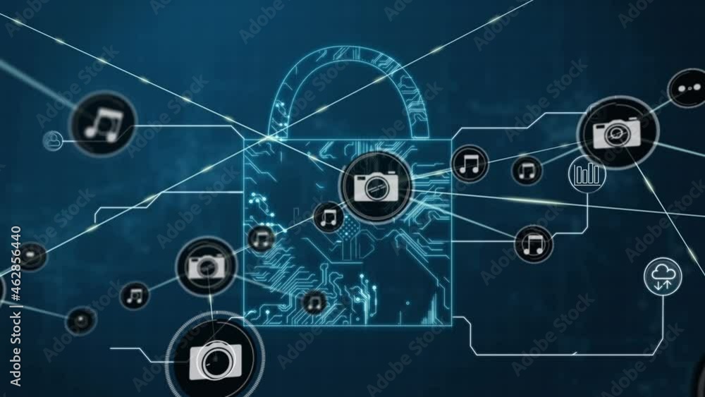 Animation of network of connections with icons over online security padlock Animation of network of connections with icons over online security padlock