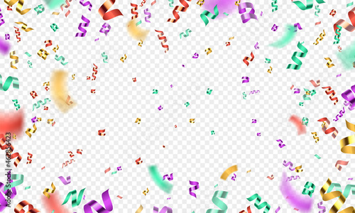 Colorful 3d confetti explosion, party or carnival background. Realistic falling glitter serpentine. Birthday celebration vector decoration
