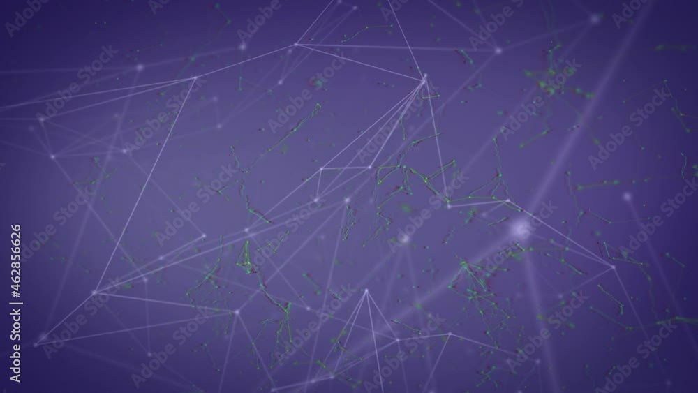 Animation of network of connections with glowing spots on purple background Animation of network of connections with glowing spots on purple background