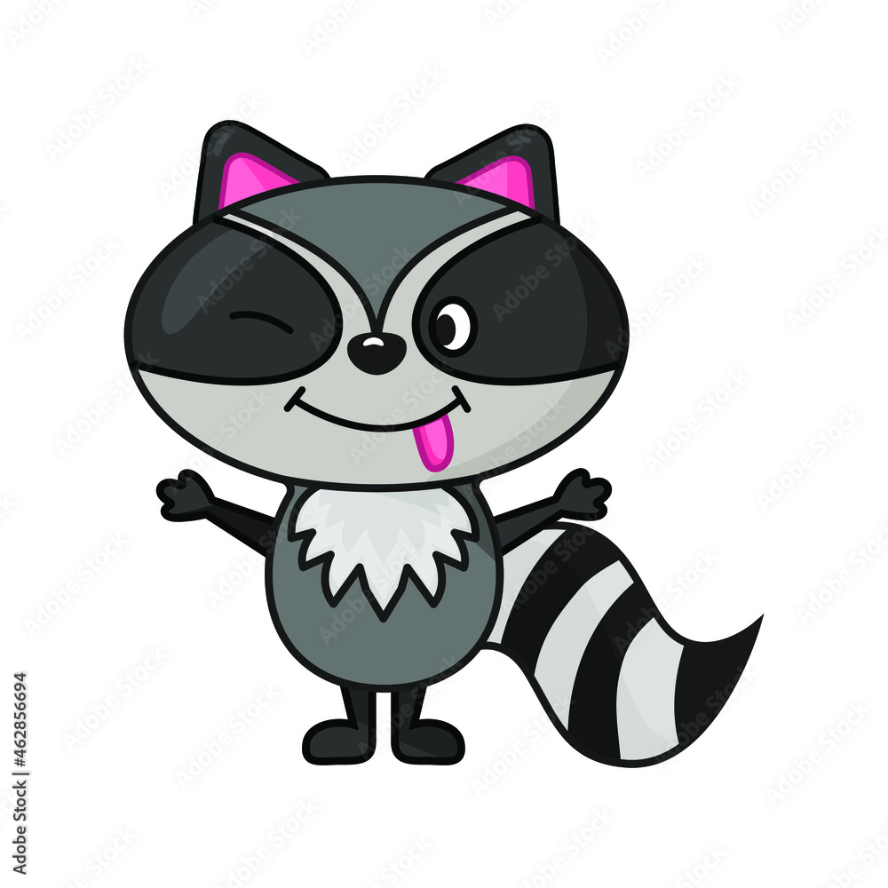flat style happy raccoon with tongue character. Vector illustration