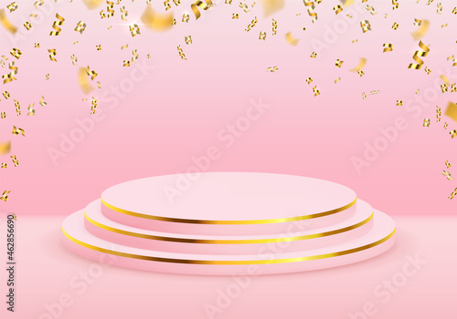 Premium product 3d podium stand with golden confetti falling. Award winner stage. Empty display scene mockup with sparkles vector template