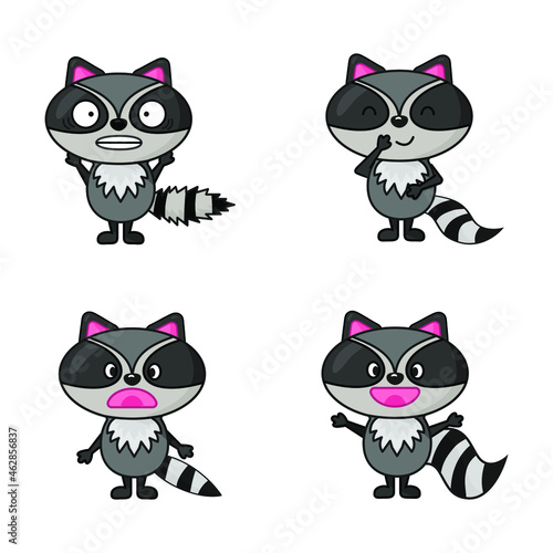 Cute raccoons cartoon characters set flat style. Different emotions giggling ,happy ,shocked, scared. Vector illustration

