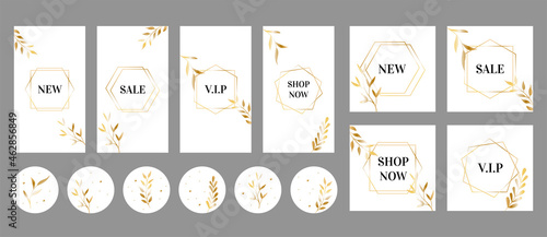 Instagram stories, posts, highlights luxury templates for social media. Golden leaves and frames with text on a white background