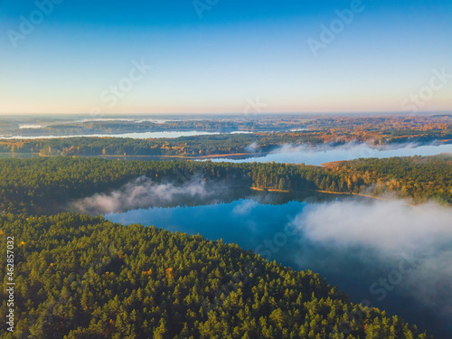Aerial panoramic view of Asalnai lake at Autumn, Lithuania