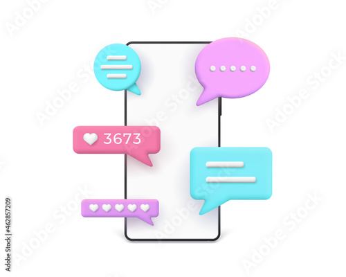 3d realistic phone with popping messages and comments in speech bubbles. Smartphone text dialog, notification and online chat vector concept