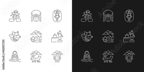 Culture of Nepal linear icons set for dark and light mode. Trekking destination. Earthquake. Religious sites. Customizable thin line symbols. Isolated vector outline illustrations. Editable stroke