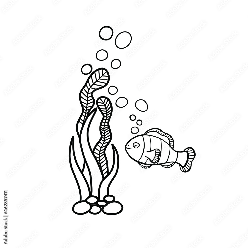 Fototapeta premium Cute fish. clown fish swim among the algae. Vector illustration