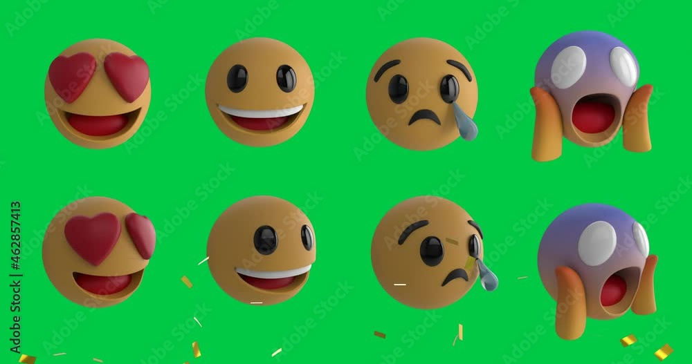 Animation of confetti falling over two rows of emoji emoticon icons on green screen background Animation of confetti falling over two rows of emoji emoticon icons on green screen background