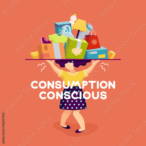 Illustration Conscious consumption, the girl keeps a lot of junk, the weight of unnecessary things, the benefits of ecology with the help of conscious consumption.