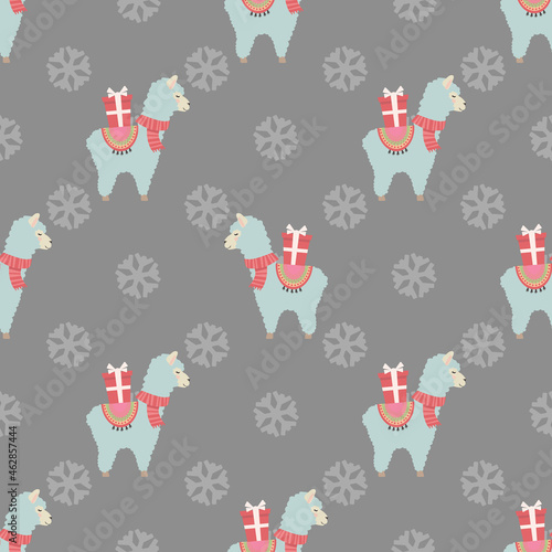Christmas seamless pattern with cute llamas and gifts. Christmas and New Year concept. The illustration is great for wrapping paper.