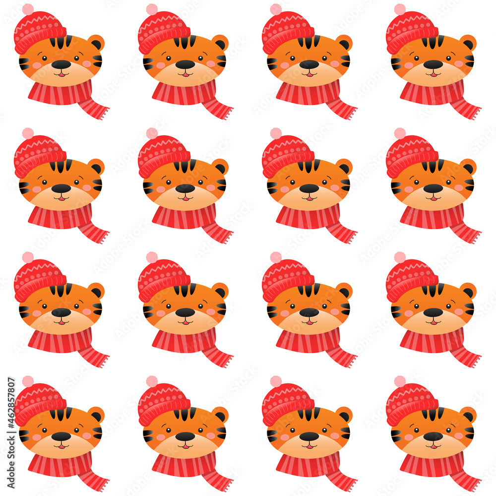 Fototapeta premium Christmas seamless pattern with cute tiger. Christmas and New Year concept. The illustration is great for wrapping paper and packaging.