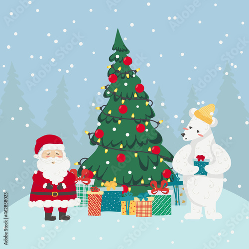 Vector illustration of Santf Claus and polar bear at the Christmas tree with gifts.Christmas and New Year concept for cards  invitations  advent calendar.