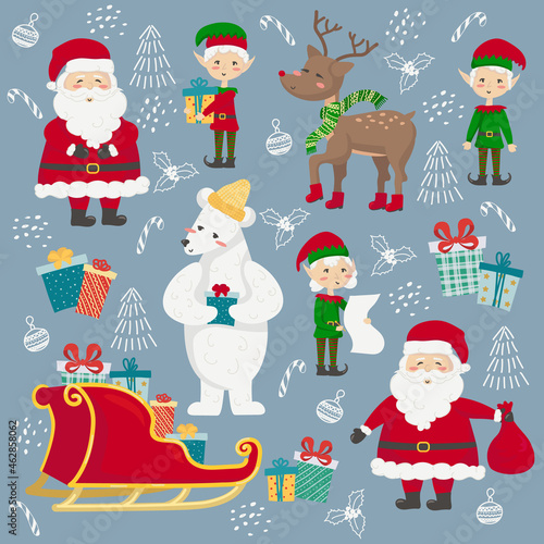 Vector illustration of a set of cute Christmas characters and elements. Cartoon Santa Claus, polar bear, deer, Christmas elves. Christmas and New Year concept for cards, invitations, advent calendar.  © Ayna Kriv