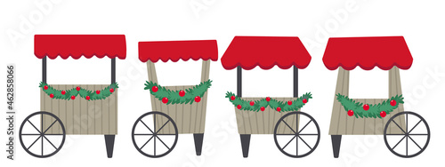 Vector illustration isolated on white background set of Christmas market tent and stalls decorated with Christmas decor.