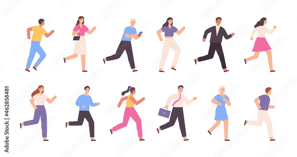 Flat running people, business man, woman, jogging characters. Outdoor sport activity. Success competition concept. Cartoon runner vector set