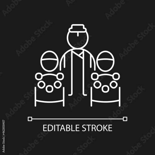 Bratabandha ceremony white linear icon for dark theme. Upanayana festival in Nepal. Sacred rite. Thin line customizable illustration. Isolated vector contour symbol for night mode. Editable stroke