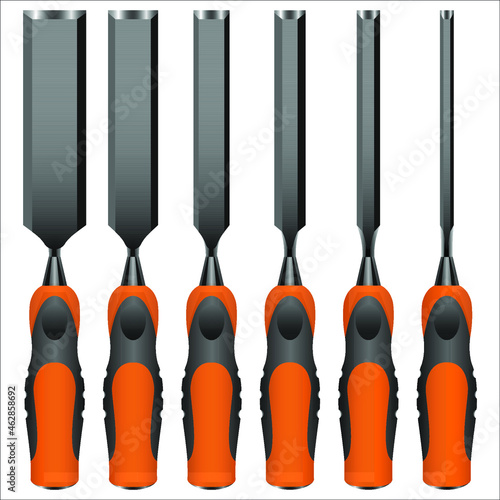 chisels of different widths for wood carving on white background vector