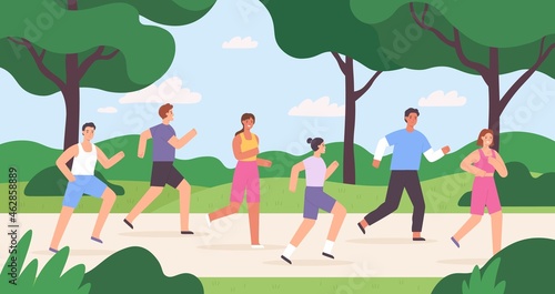 Cartoon group of people jogging in city park, race competition. Outdoor run exercise. Men and women athletes running marathon vector concept