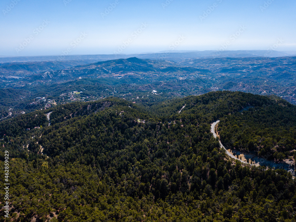 Aerial view from drone of forested rocky hills landscape