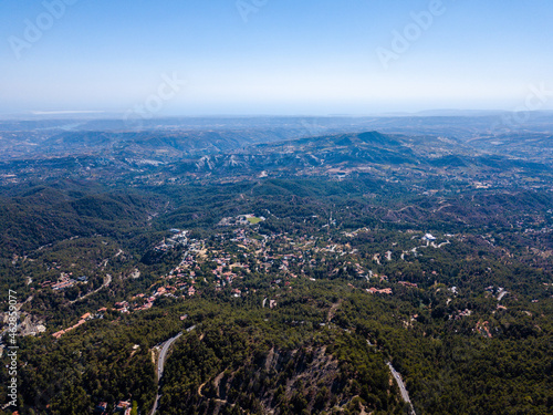 Top view on forested rocky hills landscape