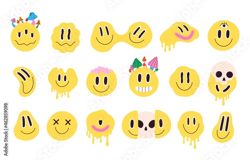 Retro melting crazy and dripping smiley face with mushrooms. Distorted graffiti emoji with skull. Hippie groovy smile character vector set