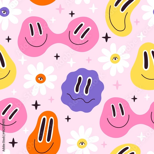 Melted smiley faces and flowers, trippy seamless pattern. Retro hippie psychedelic distorted emoji. Lava lamp smiley face vector wallpaper