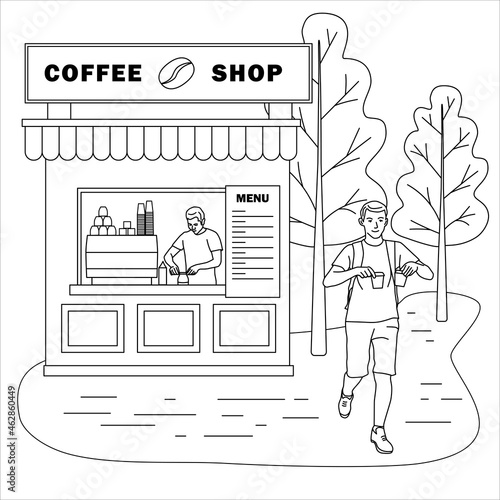 Coffee shop and a man carries coffee outline vector illustration